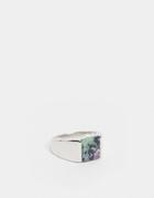 Asos Design Signet Ring With Moss Agate Stone In Silver Tone
