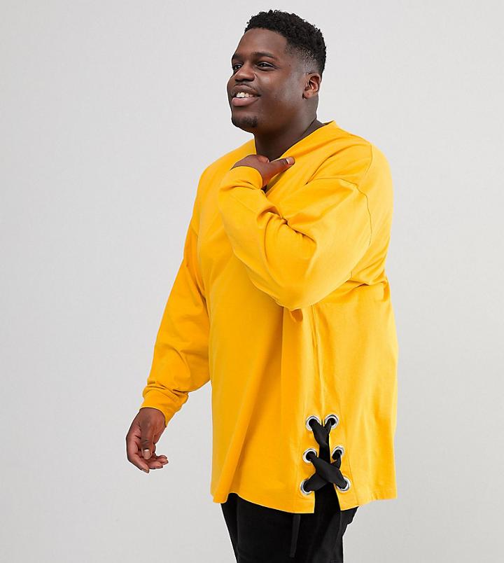 Asos Plus Oversized Long Sleeve T-shirt With Chunky Eyelet Seam Detail In Yellow - Yellow