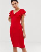 Ax Paris V Neck Ruffle Sleeve Midi Dress - Red