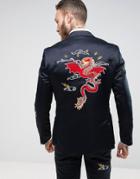 Asos Slim Tuxedo Jacket In Navy Satin With Dragon Embroidery - Navy