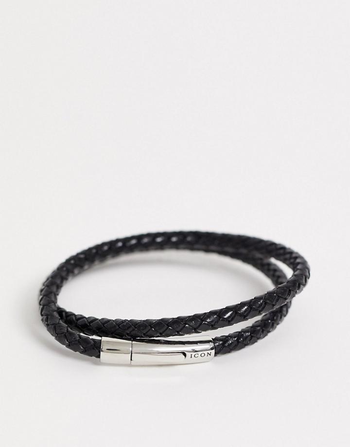 Icon Brand Plaited Leather Bracelet With Stainless Steel Closure In Black
