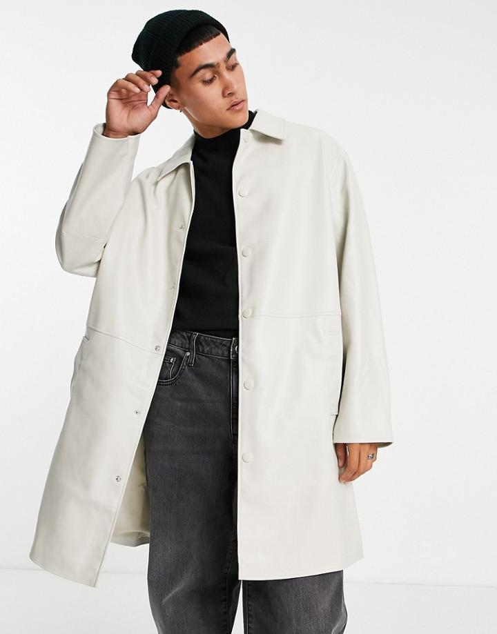 Asos Design Faux Leather Longline Trench Coat In Stone-neutral