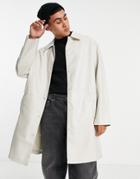 Asos Design Faux Leather Longline Trench Coat In Stone-neutral