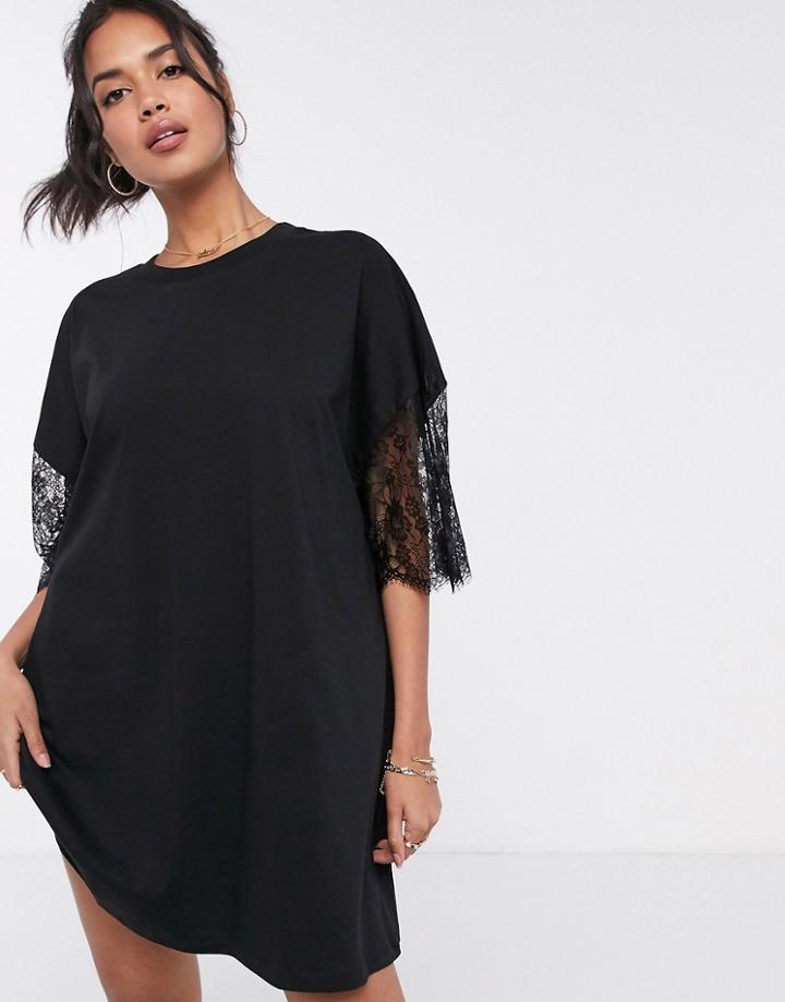Asos Design Oversized Lace Sleeve T-shirt Dress In Black
