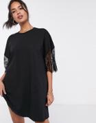 Asos Design Oversized Lace Sleeve T-shirt Dress In Black