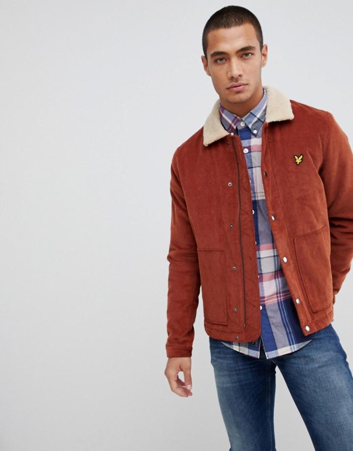 Lyle & Scott Jumbo Cord Jacket With Fleece Collar In Rust - Red