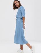 Selected Femme Button Through Chambray Midi Skirt - Blue