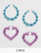 Asos Design Pack Of 2 Heart And Hoop Earrings In Colored Metals-multi