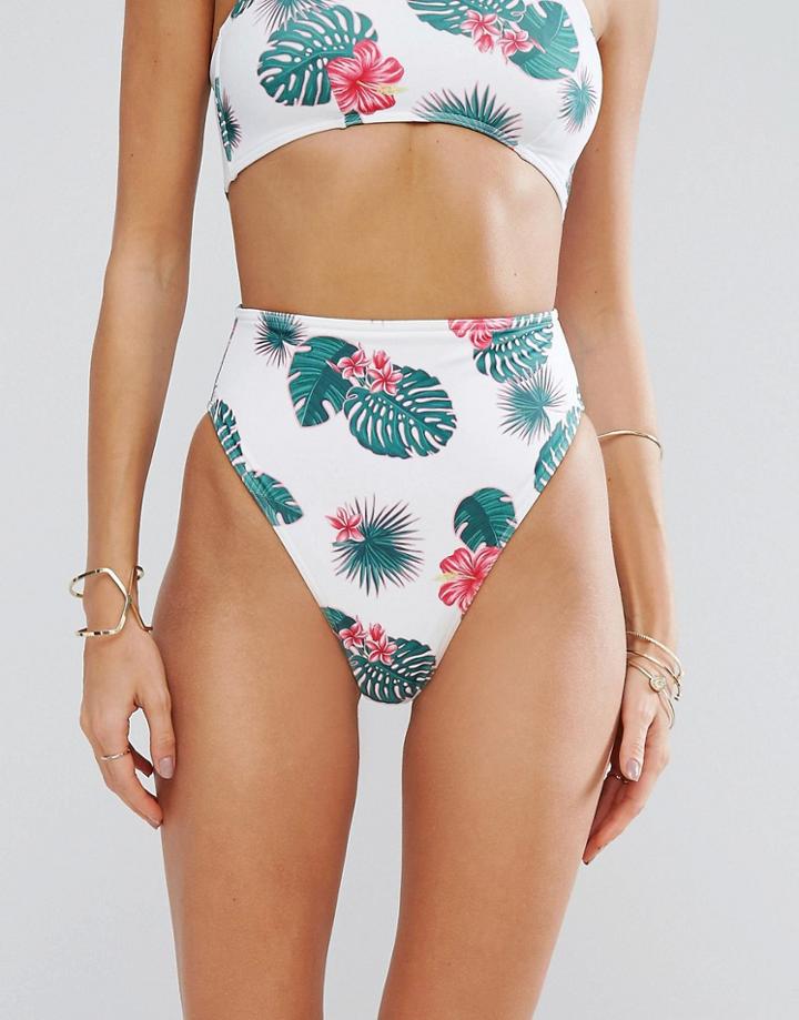 Asos Pink Palm Outline Print High Waist High Leg Bikini Bottom - Multi