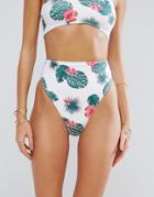Asos Pink Palm Outline Print High Waist High Leg Bikini Bottom - Multi