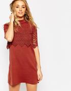 Asos Dress In A Line With Lace Detail - Tobacco