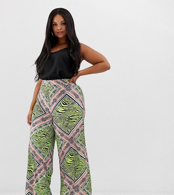 Asos Design Curve Wide Leg Pants In Mixed Animal Scarf Print - Multi