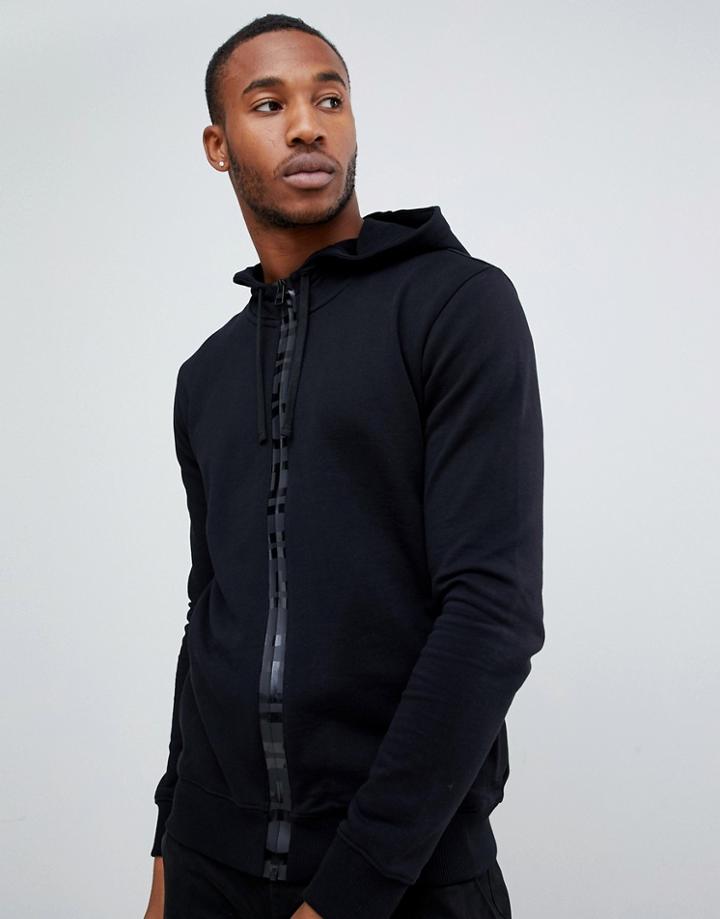 Hugo Daple-u2 Tonal Taped Logo Zip Through Hooded Sweat In Black - Black