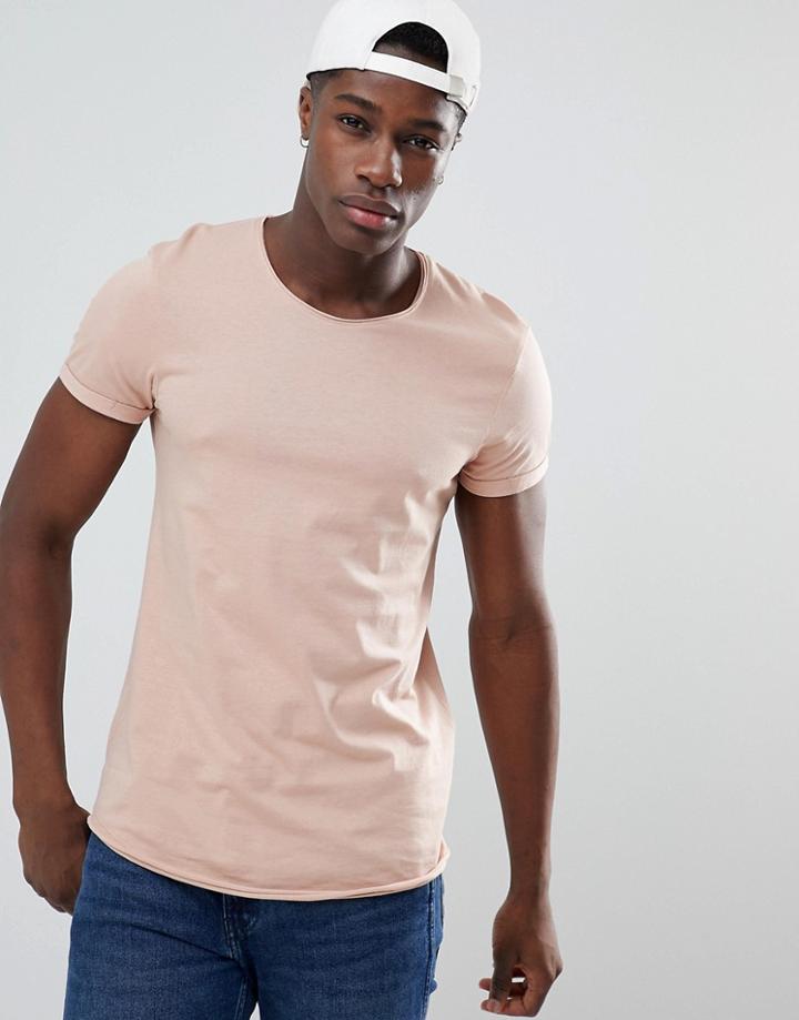 Esprit Longline T-shirt With Raw Curved Hem In Dusty Pink - Pink