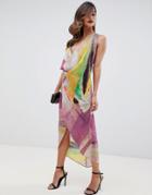 Asos Design Sleeveless Drape Fold Neck Midi Dress In Abstract Print - Multi