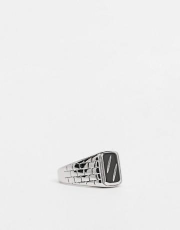 Asos Design Non-tarnish Stainless Steel Signet Ring With Texture In Silver Tone