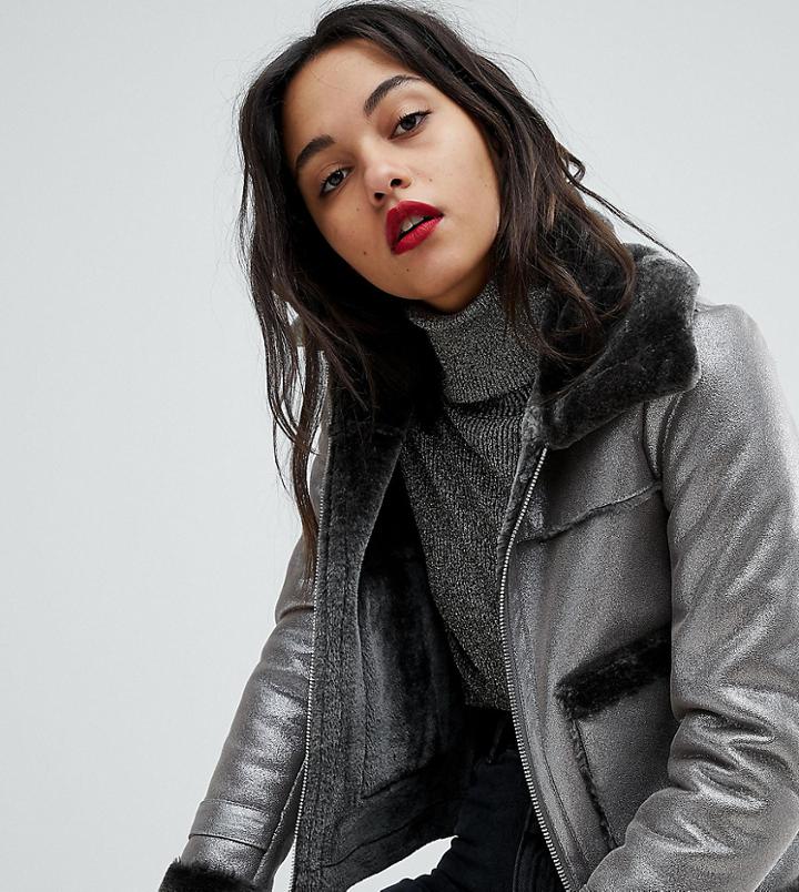 River Island Faux Shearling Trucker Jacket - Silver