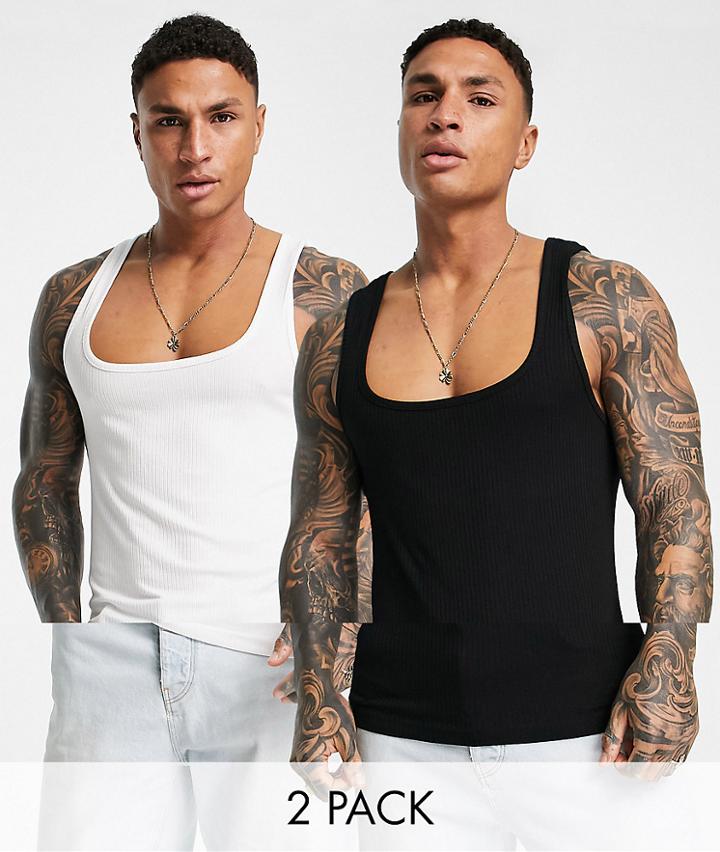 Asos Design 2 Pack Muscle Rib Tank Top With Square Neck In Multi