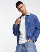 Lee Zip Front Cord Collar Denim Jacket In Mid Wash-blue