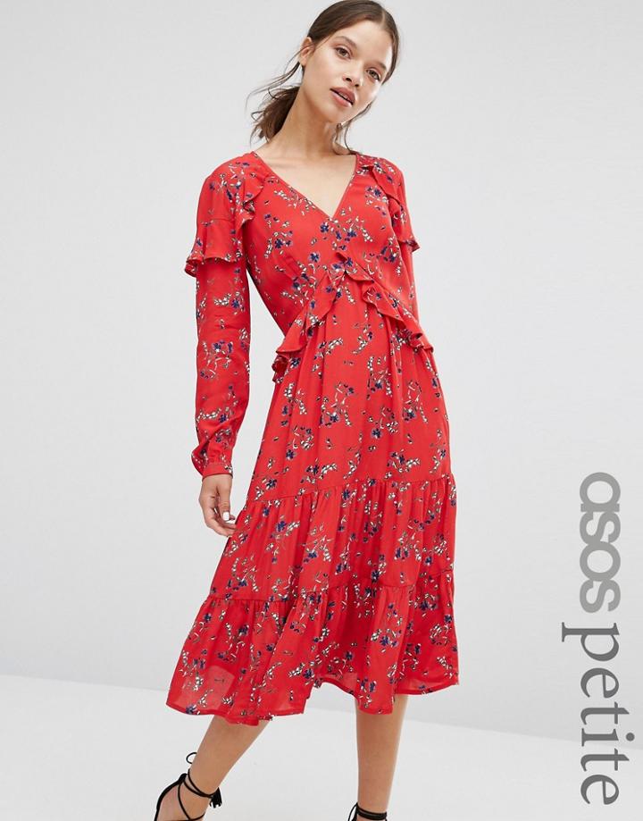 Asos Petite V Neck Ruffle Midi Dress In Vintage Floral - Multi