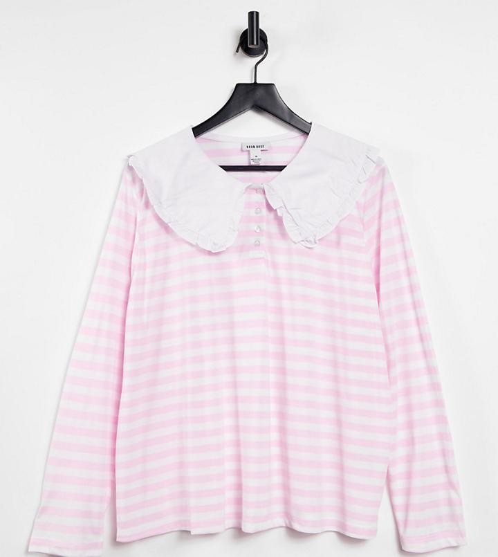 Neon Rose Plus Relaxed Long Sleeve T-shirt With Collar In Pastel Stripe-pink