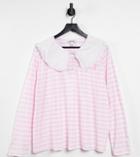 Neon Rose Plus Relaxed Long Sleeve T-shirt With Collar In Pastel Stripe-pink