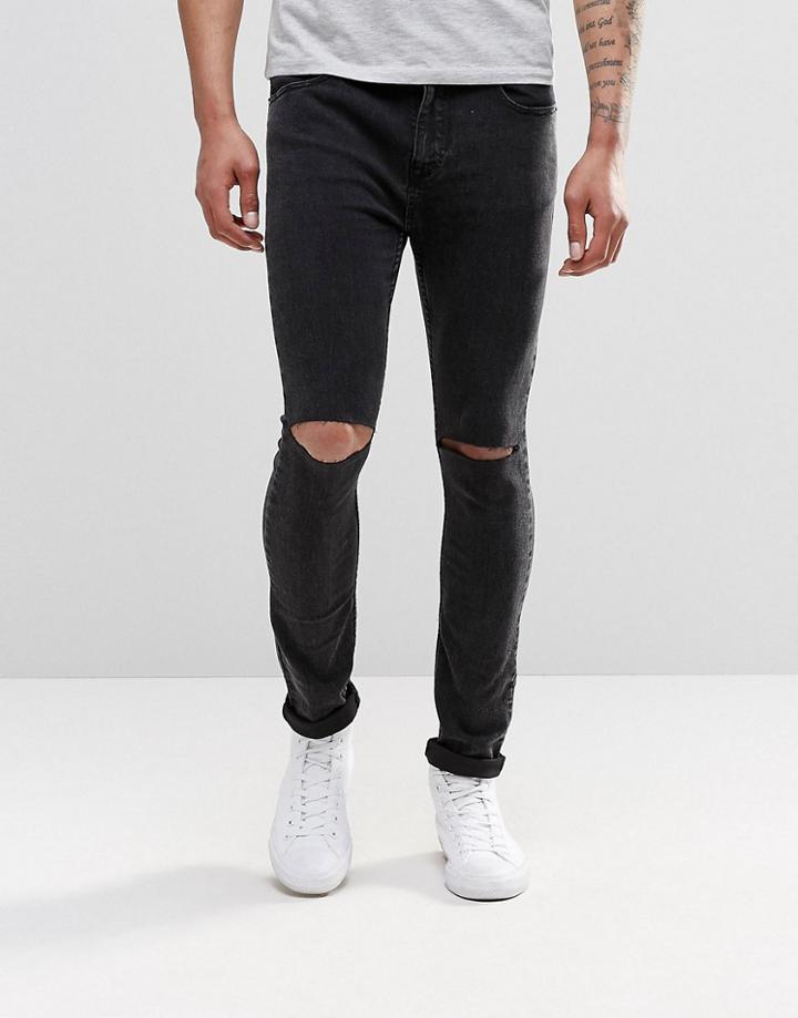 Pull & Bear Super Skinny Jeans In Washed Black With Knee Rips - Black