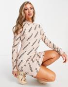 Adidas Originals Logomania Repeat Logo High Neck Ribbed Dress In Blush-pink