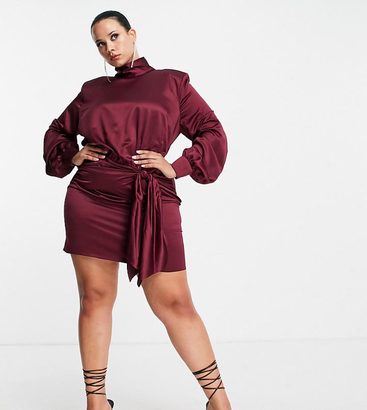 Asos Design Curve High Neck Mini Dress With Sash Waist Detail In Wine-red