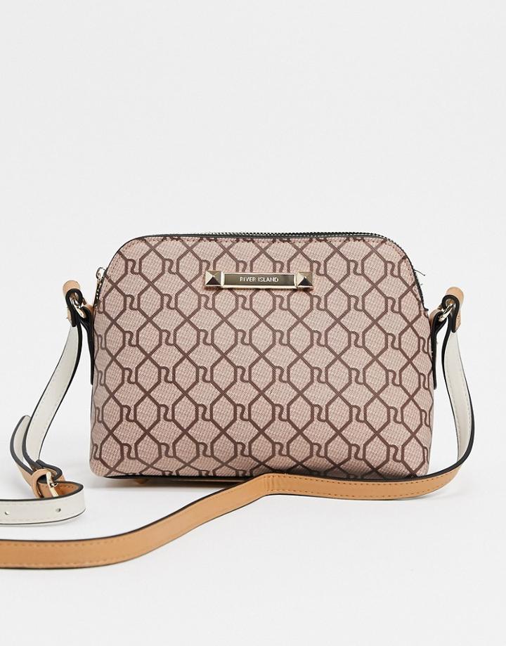 River Island Monogram Double Compartment Shoulder Bag In Beige-neutral