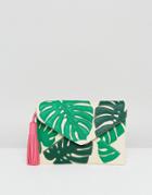 Skinnydip Straw Envelope Clutch Bag With Palm Leaf - Beige