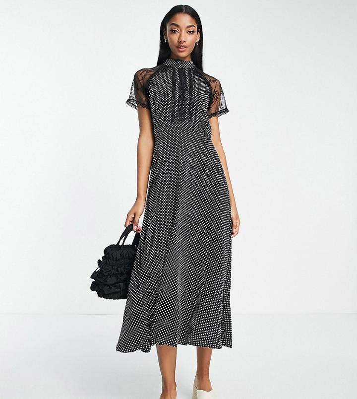 Liquorish Tall A Line Midi Dress In Lace Polka Dot Black