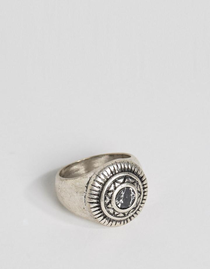 Asos Embellised Signet Ring With Black Look Stone - Silver