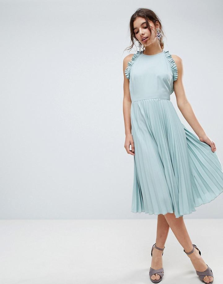 Asos Pleated Midi Dress With Ruffle Open Back - Green