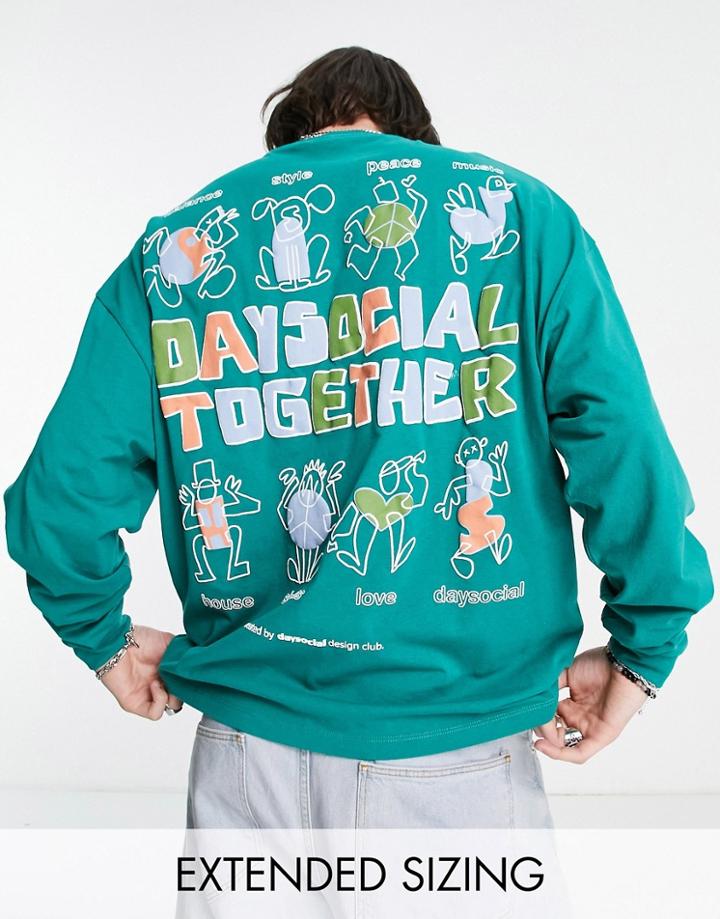 Asos Daysocial Oversized Long Sleeve T-shirt With Back Logo And Graphic Print In Green