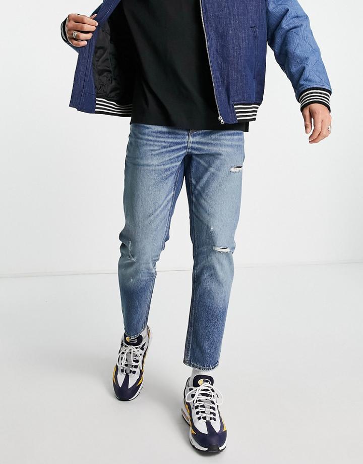 Asos Design Classic Rigid Jeans In Mid Wash With Abrasions-blue