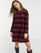 Asos Design Oversized T-shirt Dress With Long Sleeve In Black And Merlot Stripe-red