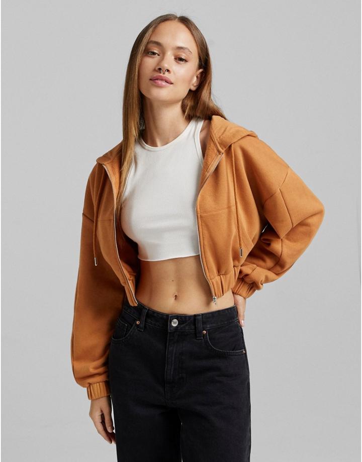 Bershka Cropped Oversized Zip Through Hoodie In Orange