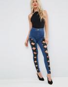 Asos Rivington High Waist Denim Jeggings In Light Wash Blue With Criss Cross Elastic Strapping - Blue