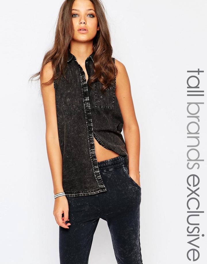 Noisy May Tall Sleeveless Denim Shirt With Sheer Back - Black