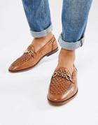 Asos Design Loafers In Tan Leather With Woven Detail And Chain - Tan