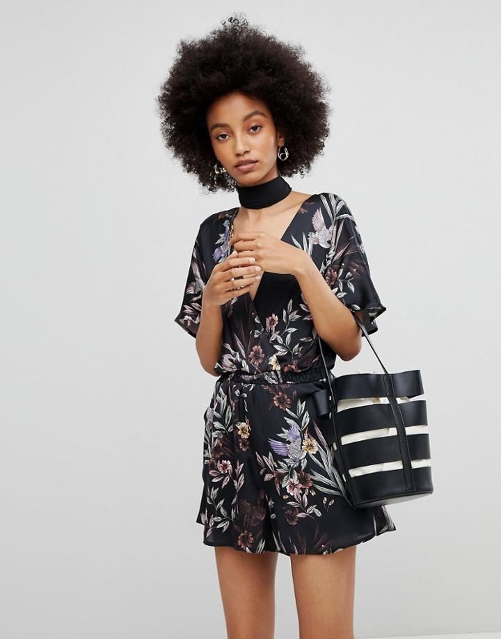 New Look Floral Shirred Waist Wrap Romper - Black