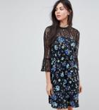 Influence Tall Lace Yoke And Sleeve Floral Skater Dress - Black