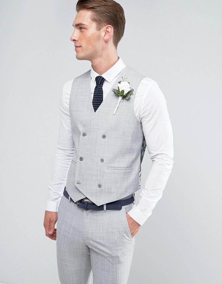 Asos Wedding Skinny Suit Vest In Crosshatch Nep Light Gray With Floral Print Lining - Gray