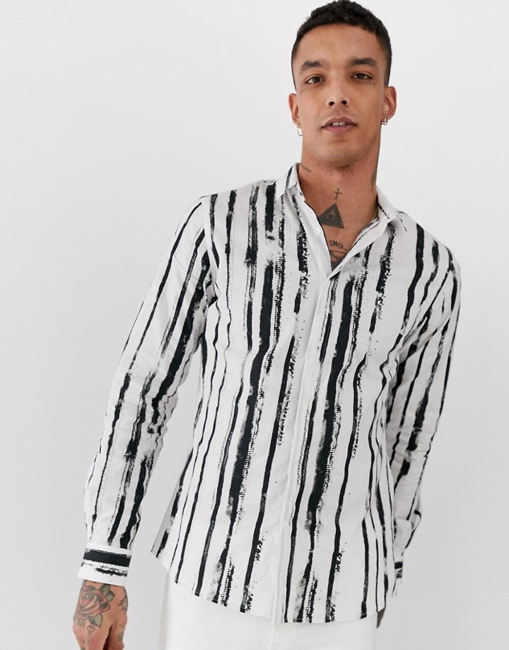 Twisted Tailor Long Sleeve Shirt With Painted Stripe-white