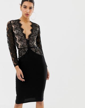 Rare London Limited Edition Long Sleeve Eyelash Lace Midi Dress-black