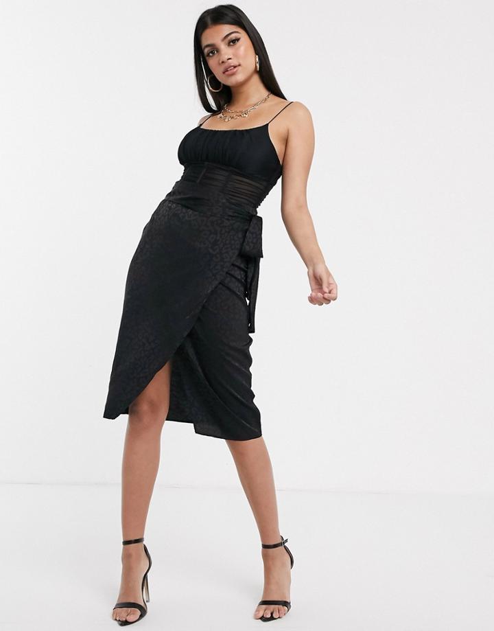 Parallel Lines Midi Wrap Skirt In Black Leopard Print With Tie Detail