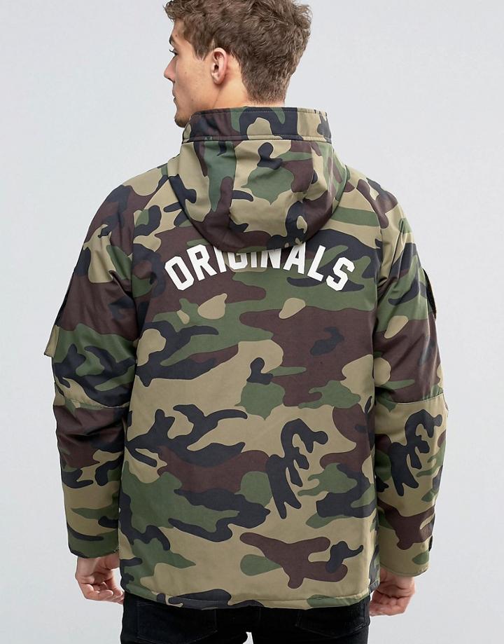 Jack & Jones Hooded Camo Parka With Back Print - Green