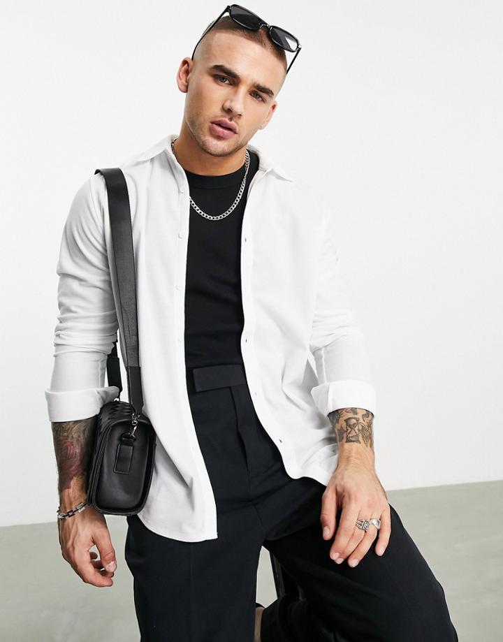 Bando Jersey Pique Button Down Slim Fit Shirt In White