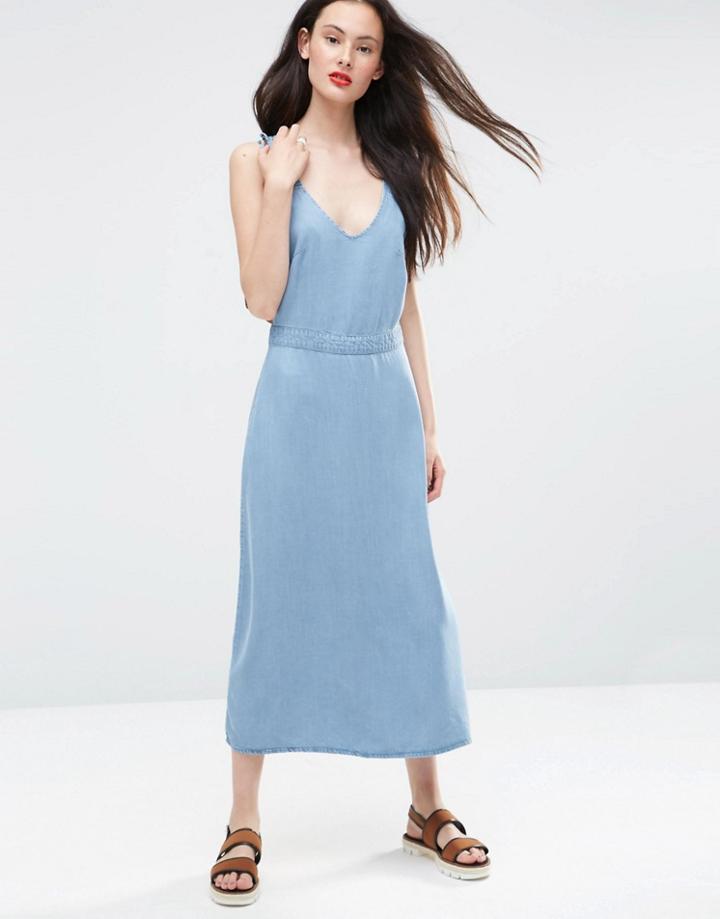 Asos Denim Waisted Midi Dress With Frill Straps In Light Wash Blue - Lightwash Blue